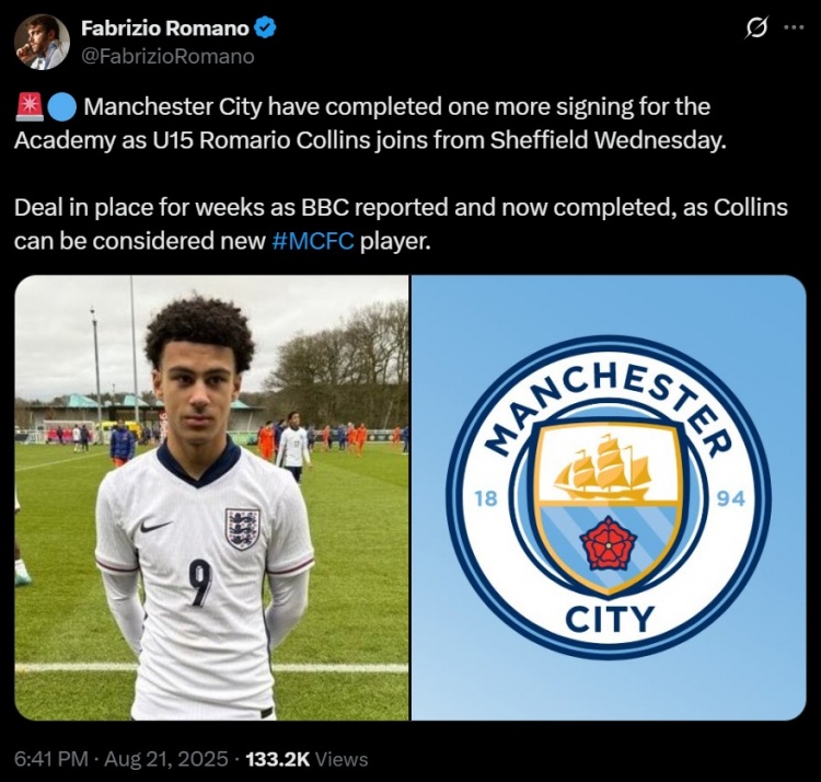 开云-青训引援+1，罗马诺：曼城从谢周三签下U15球员罗马里奥-科林斯